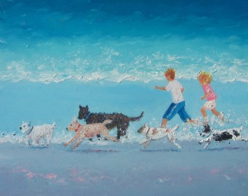 sur la plage Dogs Day Out Peinture à l'huile